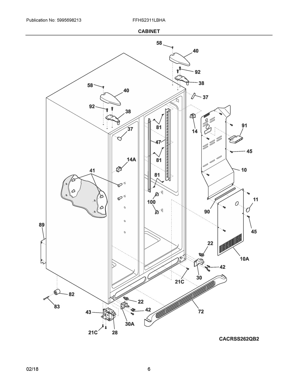 Cabinet Diagram and Parts List for FFHS2311LBHA  Frigidaire Refrigerator