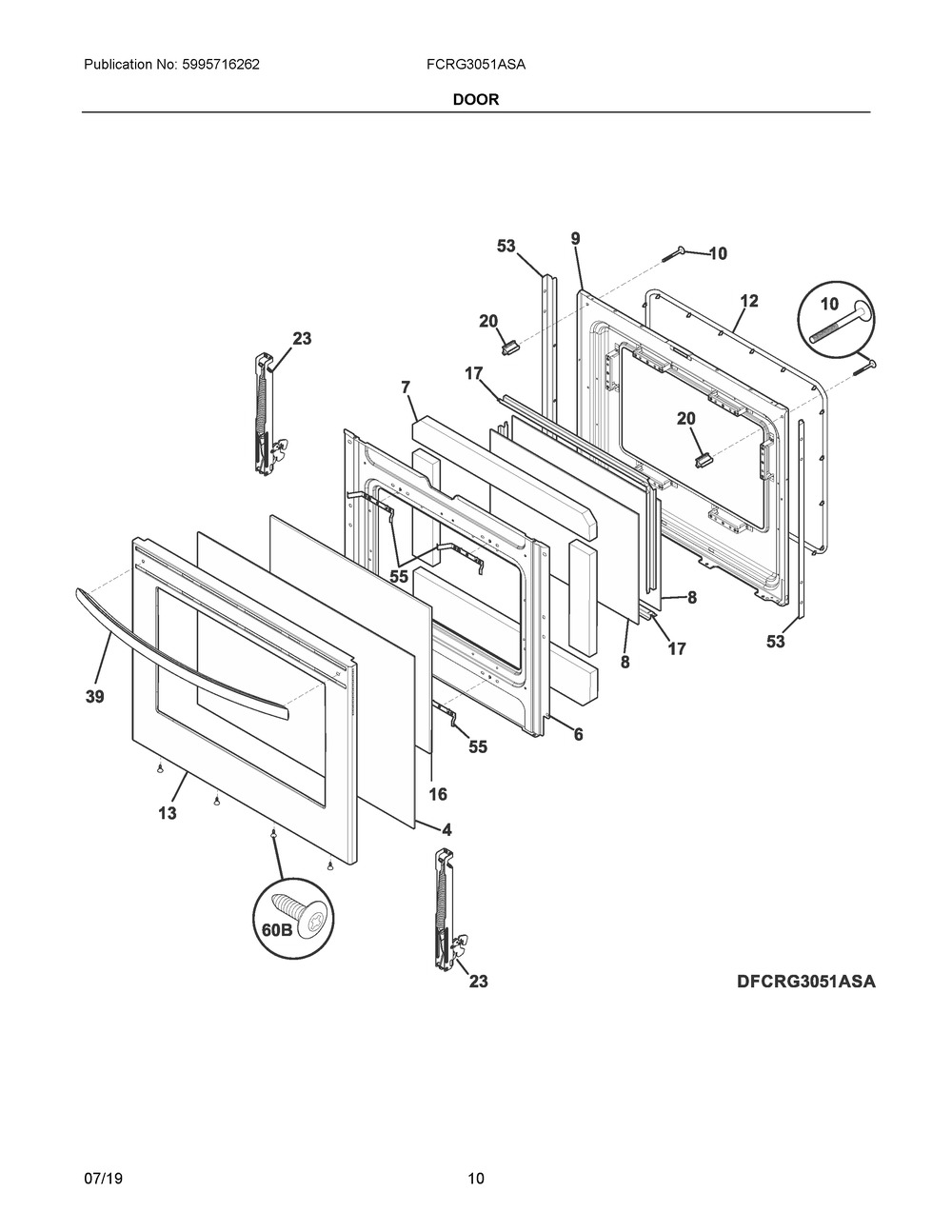 Door Diagram and Parts List for FCRG3051ASA  Frigidaire Range