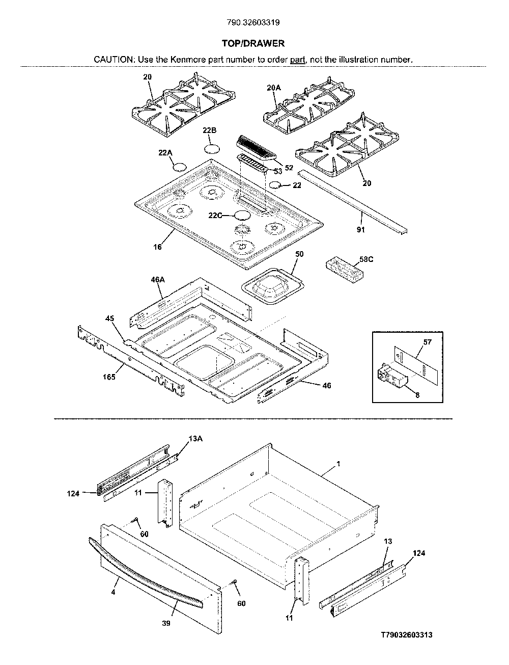 Top/drawer Diagram and Parts List for 79032603319  Kenmore Range