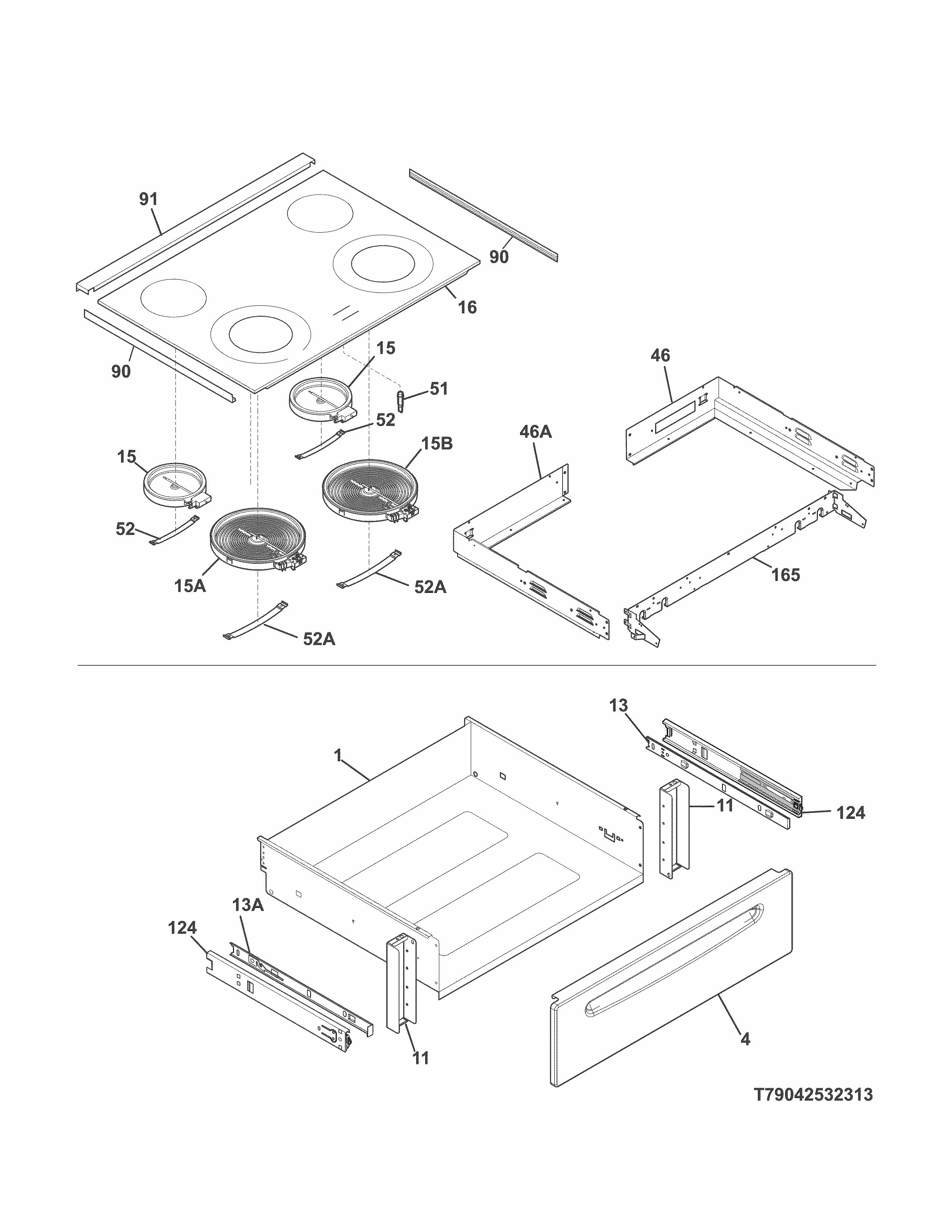 Top/drawer Diagram and Parts List for 79042532313  Kenmore Range