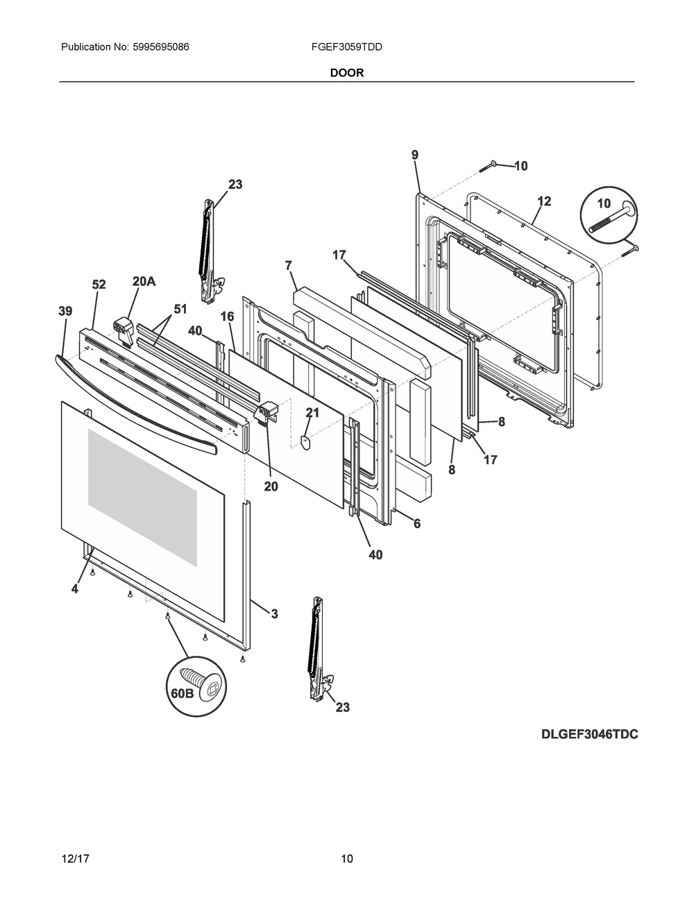 Door Diagram and Parts List for FGEF3059TDD  Frigidaire Range