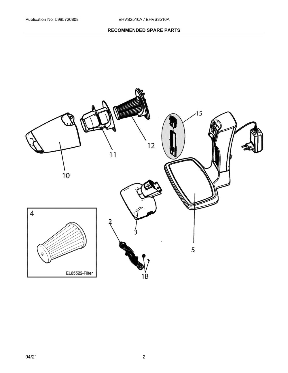 Recommended Spare Parts Diagram and Parts List for EHVS2510AW  Frigidaire Upright Vacuum
