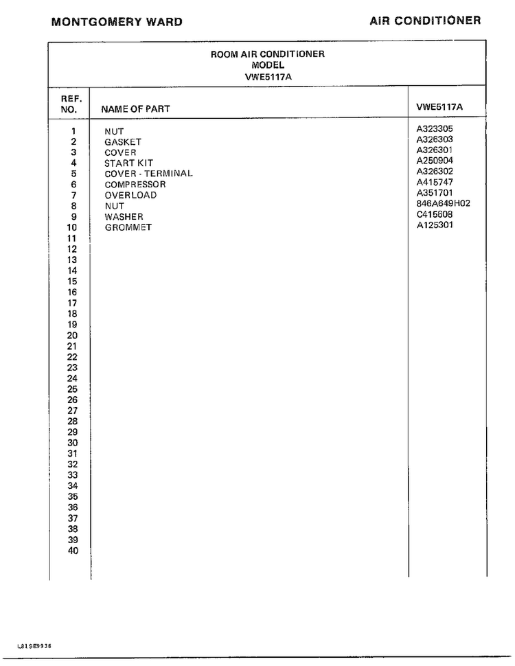 Room Air Conditioner Page 8 Diagram and Parts List for 5117A  Frigidaire Air Conditioner
