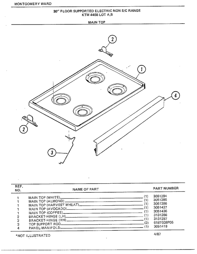30" Floor Supported Elec Main Top Diagram and Parts List for 4458B  Frigidaire Range