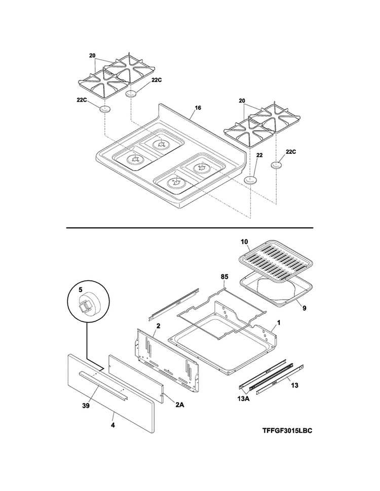 Top/drawer Diagram and Parts List for FFGF3015LBE  Frigidaire Range