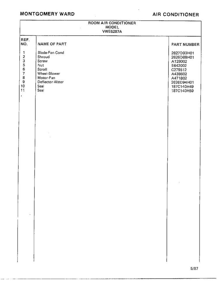 Air Conditioner Page 6 Diagram and Parts List for 5287A  Frigidaire Air Conditioner