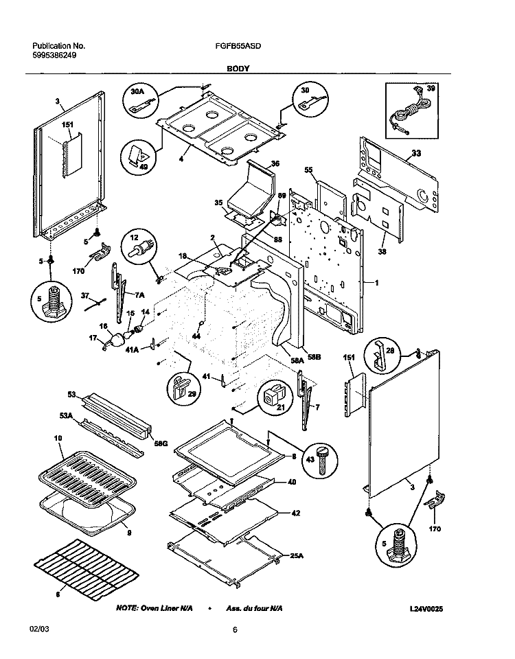 BODY Diagram and Parts List for FGFB55ASD  Frigidaire Range