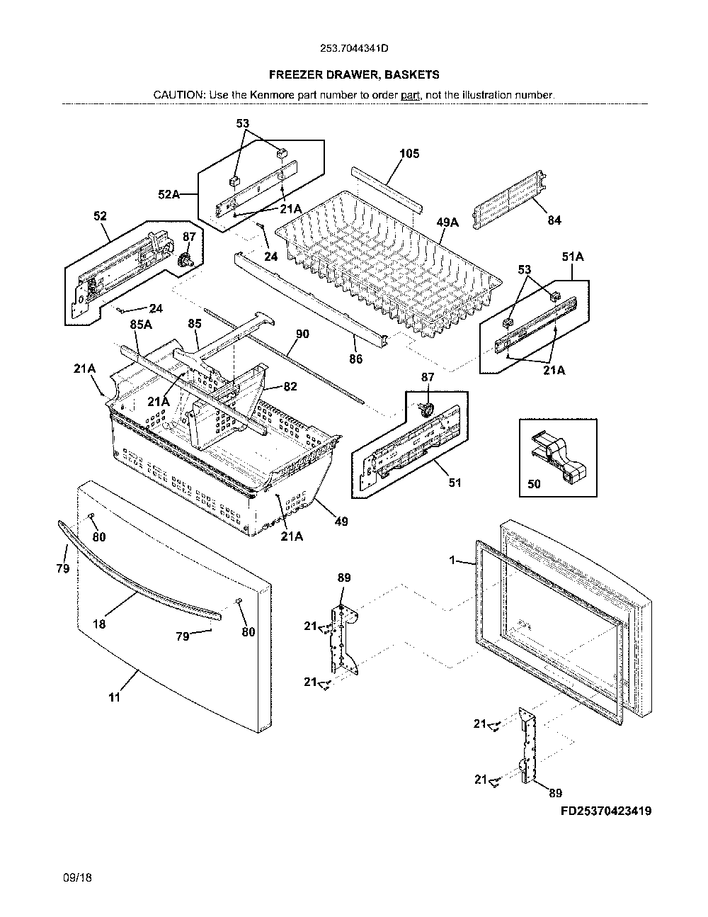 Freezer door Diagram and Parts List for 2537044341D  Kenmore Refrigerator