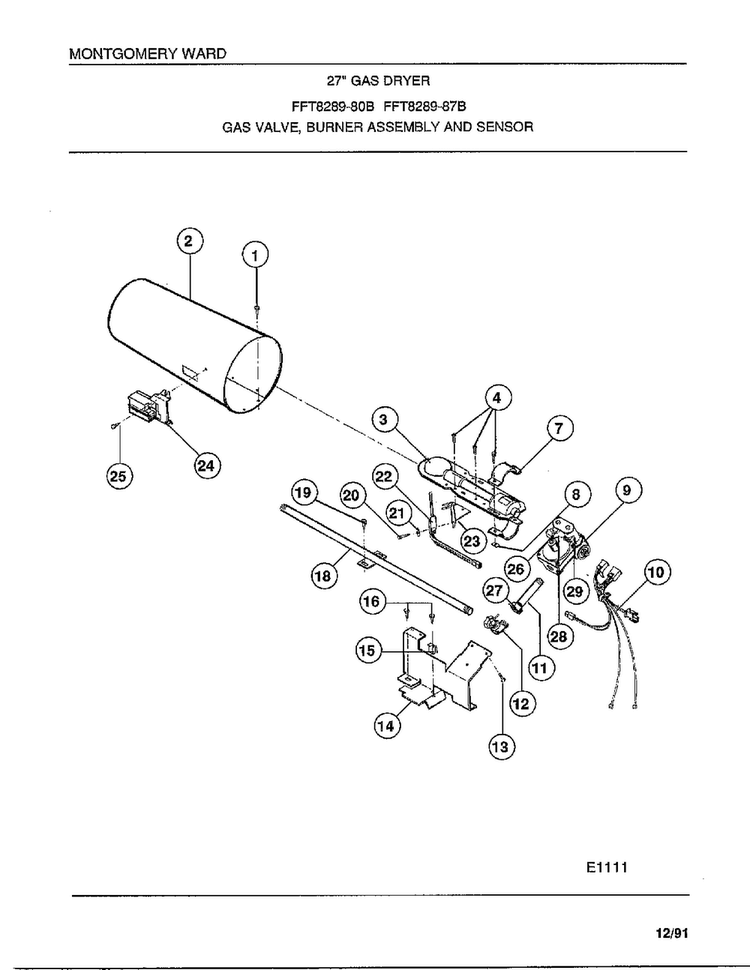 Gas Valve/burner Assembly And Sensor Diagram and Parts List for 8289-80B  Frigidaire Dryer