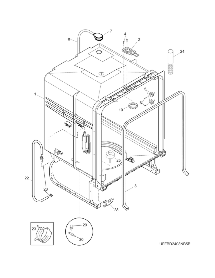 Tub Diagram and Parts List for FFBD2411NW7B  Frigidaire Dishwasher