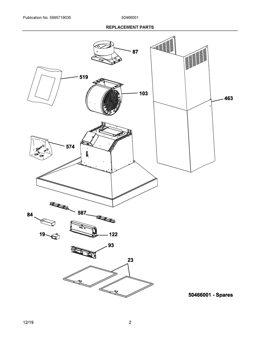 Replacement Parts Diagram and Parts List for 50466001  Frigidaire Range Hood