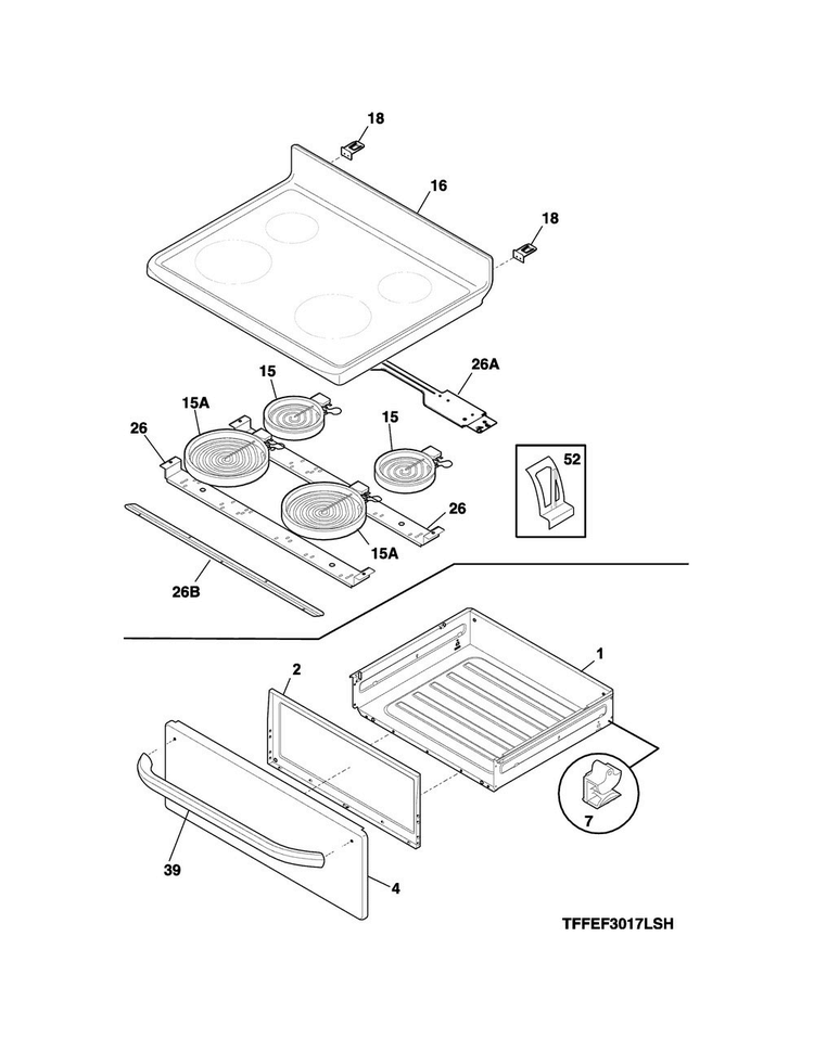 Top/drawer Diagram and Parts List for FFEF3017LSK  Frigidaire Range