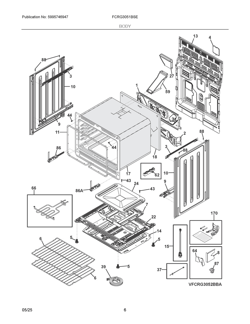 Body Diagram and Parts List for FCRG3051BSE  Frigidaire Range