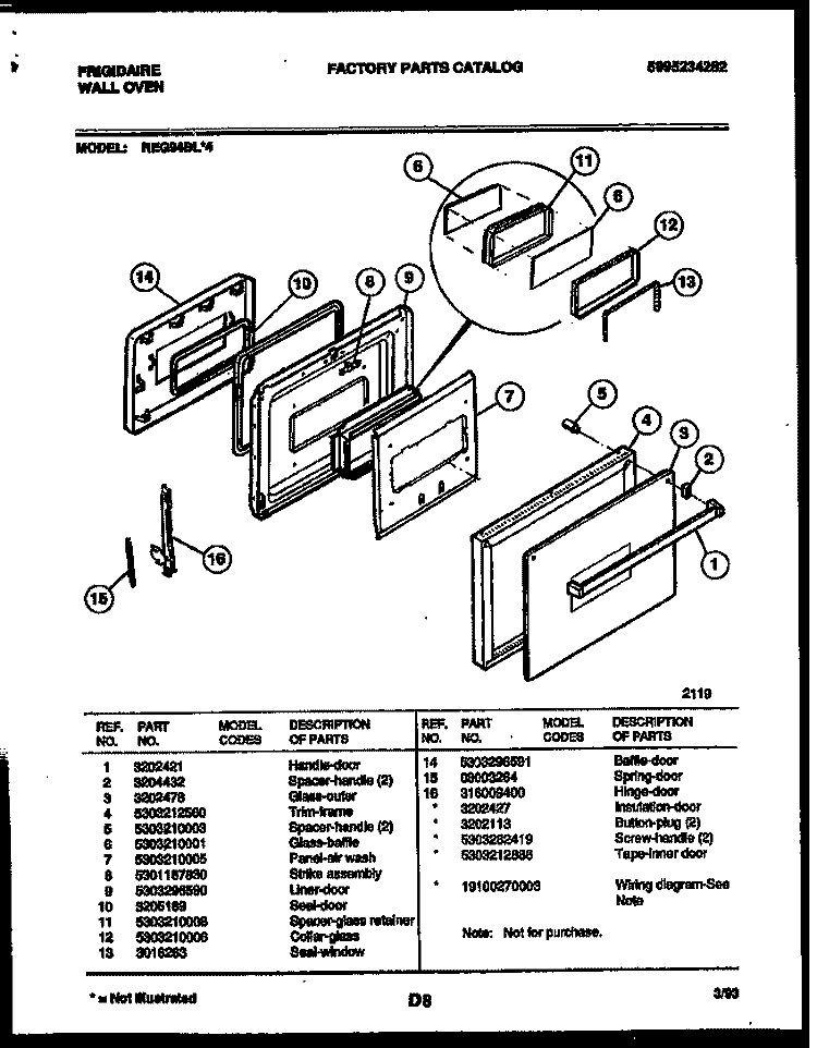 DOOR PARTS Diagram and Parts List for REG94BL4  Frigidaire Wall Oven