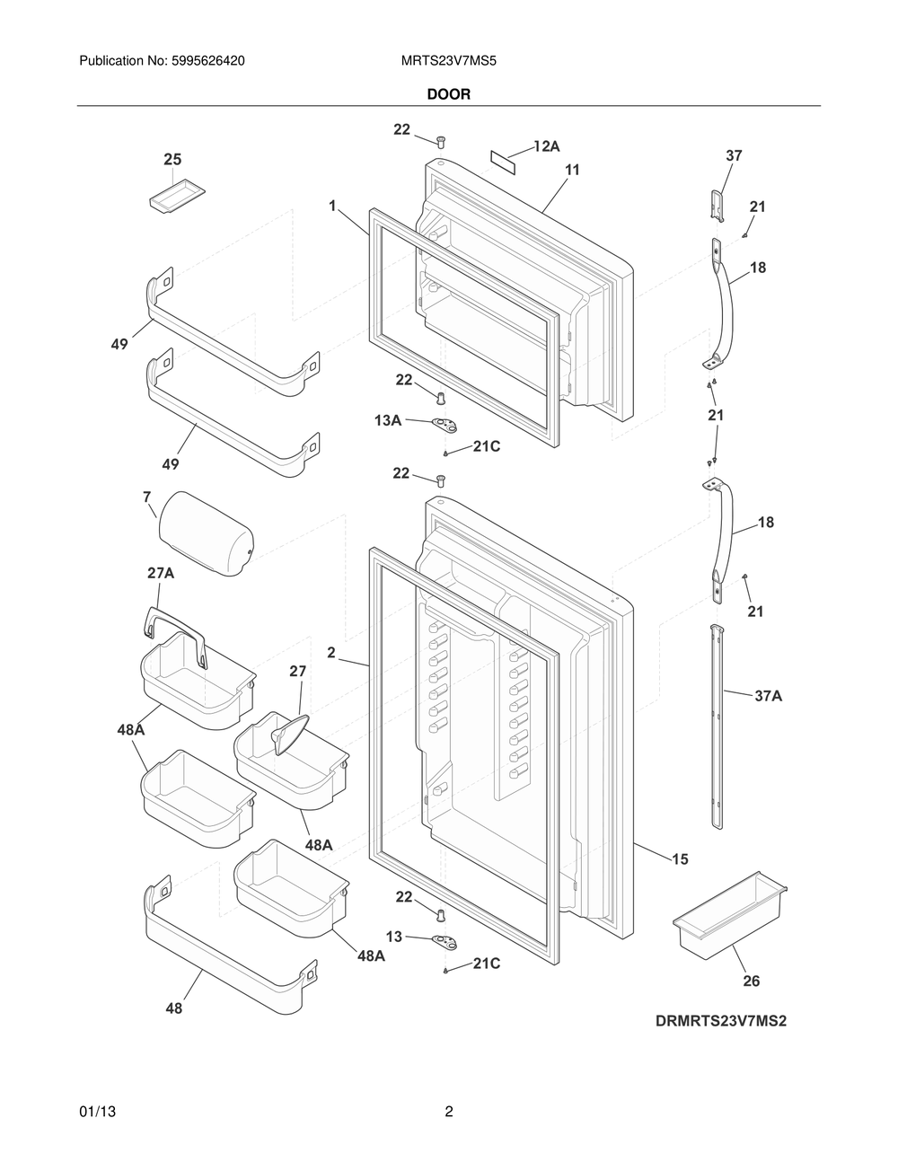 Door Diagram and Parts List for MRTS23V7MS5  Frigidaire Refrigerator