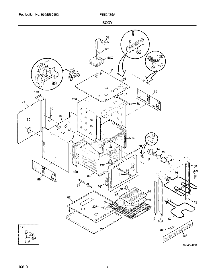 BODY Diagram and Parts List for FEB24S5ABE  Frigidaire Wall Oven