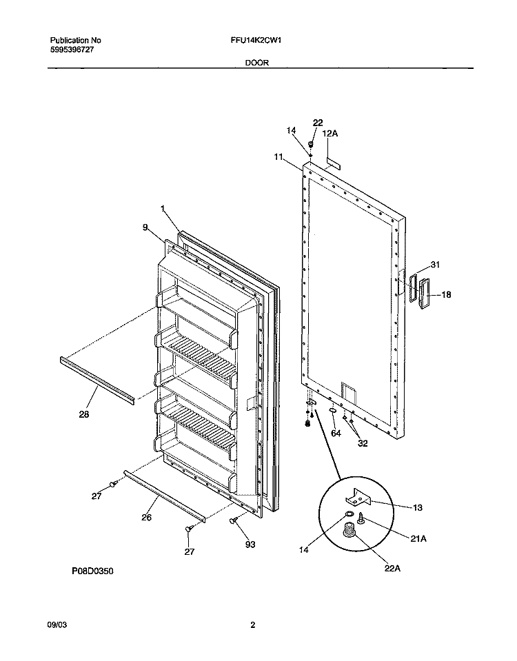 DOOR Diagram and Parts List for FFU14K2CW1  Frigidaire Freezer