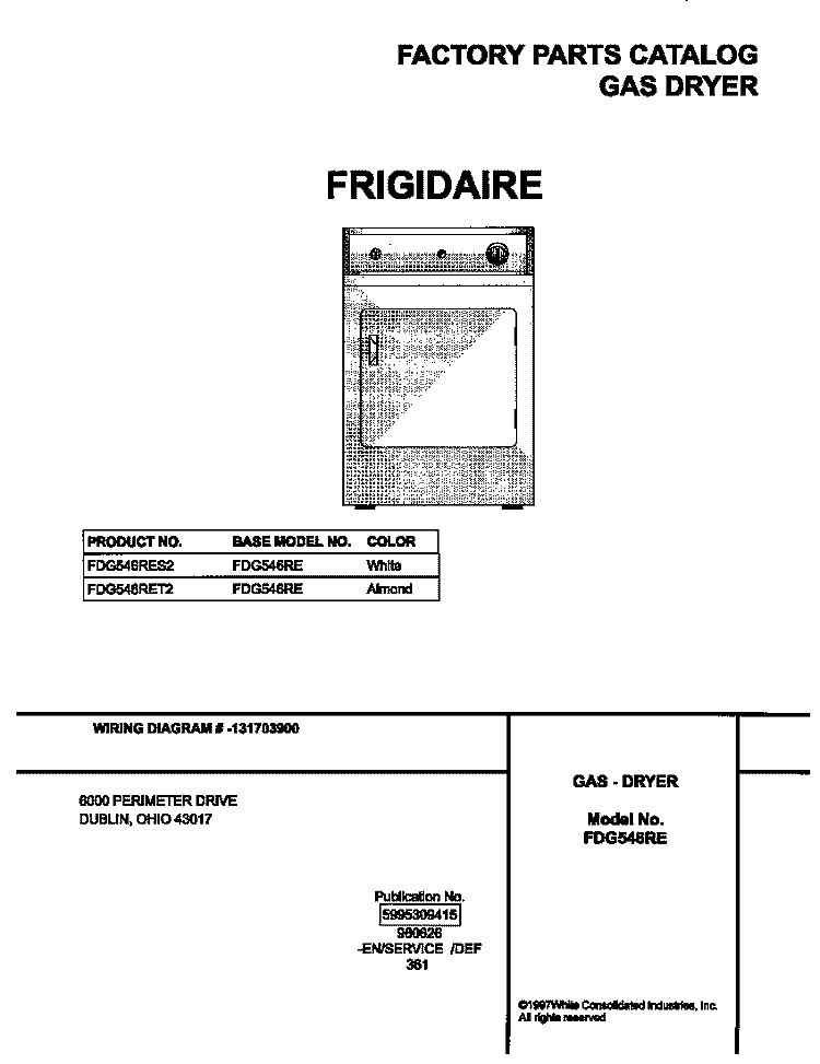 COVER Diagram and Parts List for FDG546RET2  Frigidaire Dryer