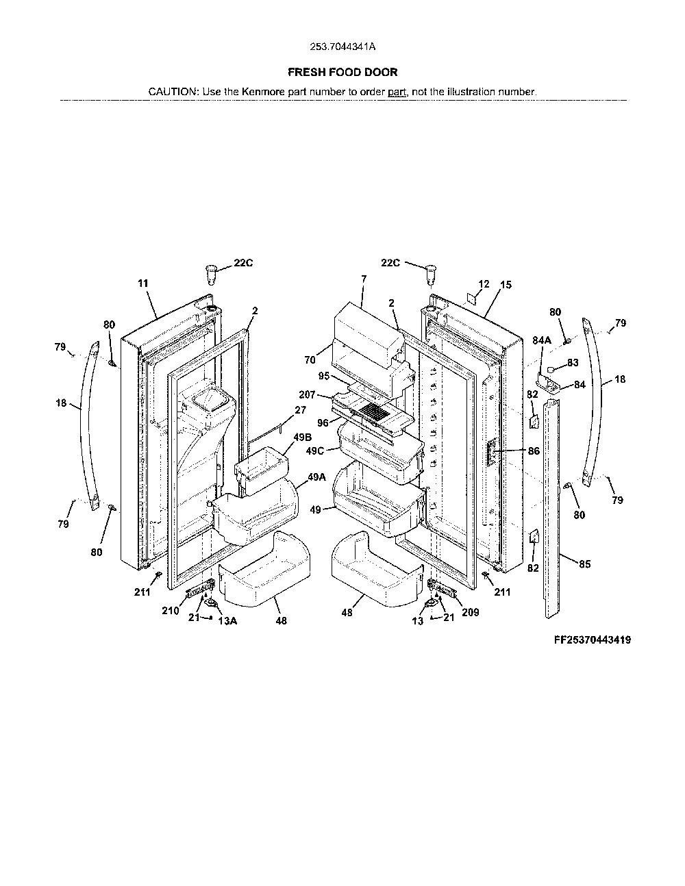 Fresh food door Diagram and Parts List for 2537044341A  Kenmore Refrigerator