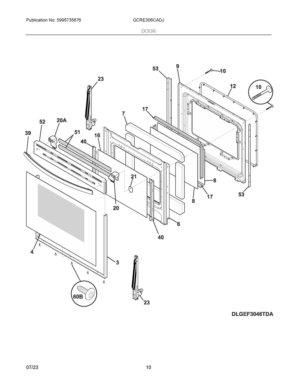 Door Diagram and Parts List for GCRE306CADJ  Frigidaire Range