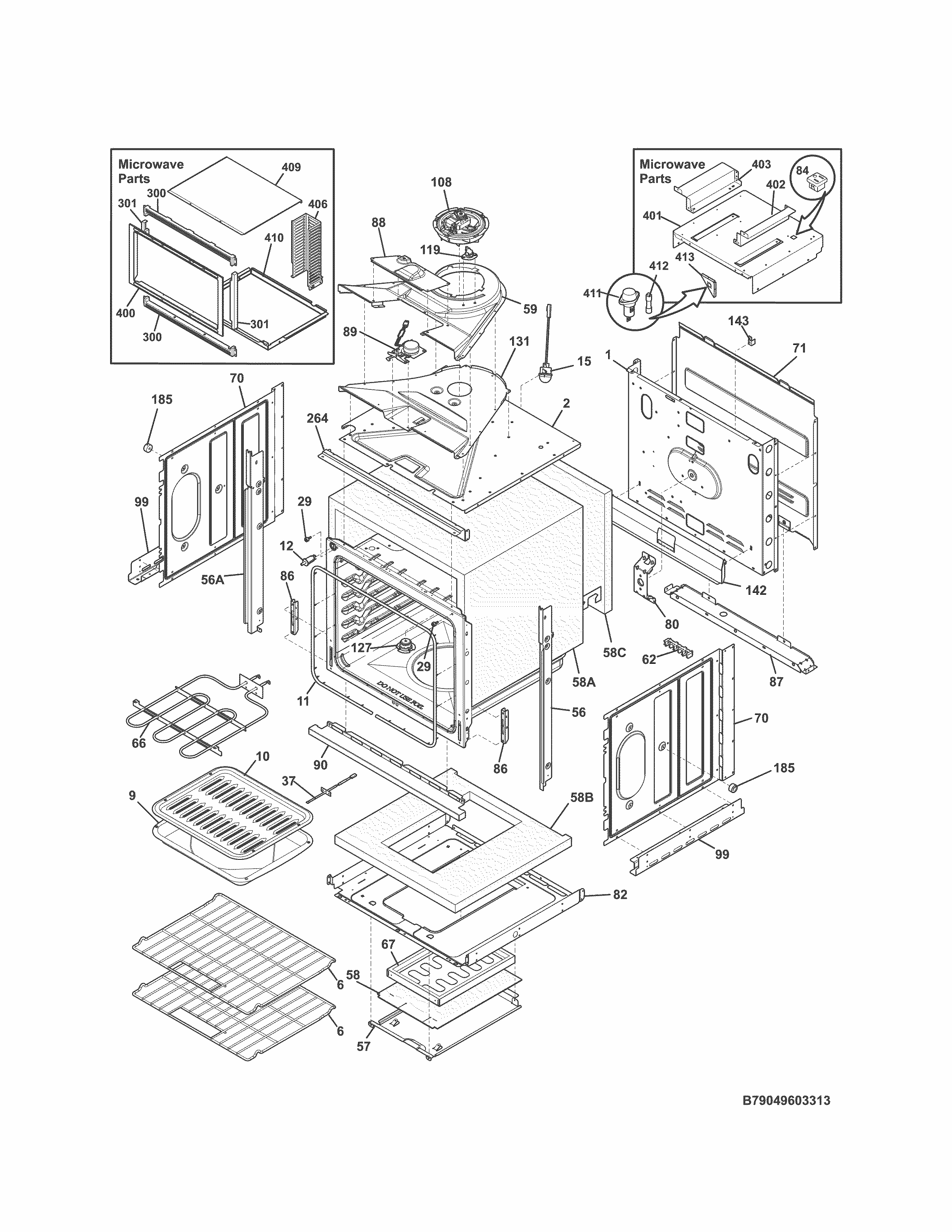 Lower Oven Diagram and Parts List for 79049602313  Kenmore Microwave