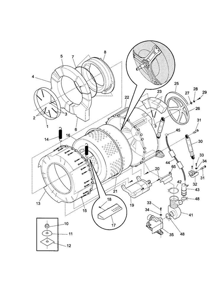 Tub And Motor Diagram and Parts List for 38712  Frigidaire Washer