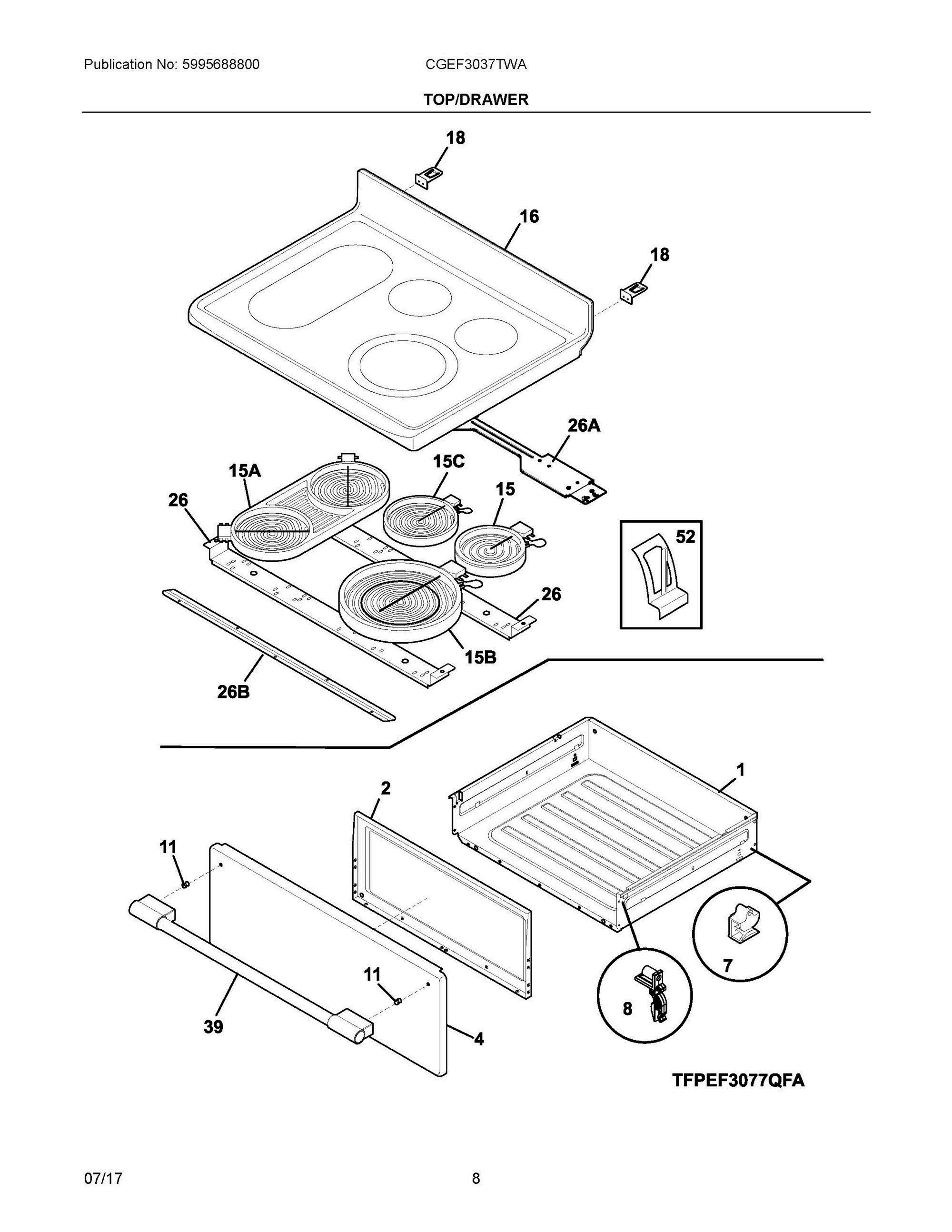 04 - TOP/DRAWER Diagram and Parts List for CGEF3037TWA  Frigidaire Range