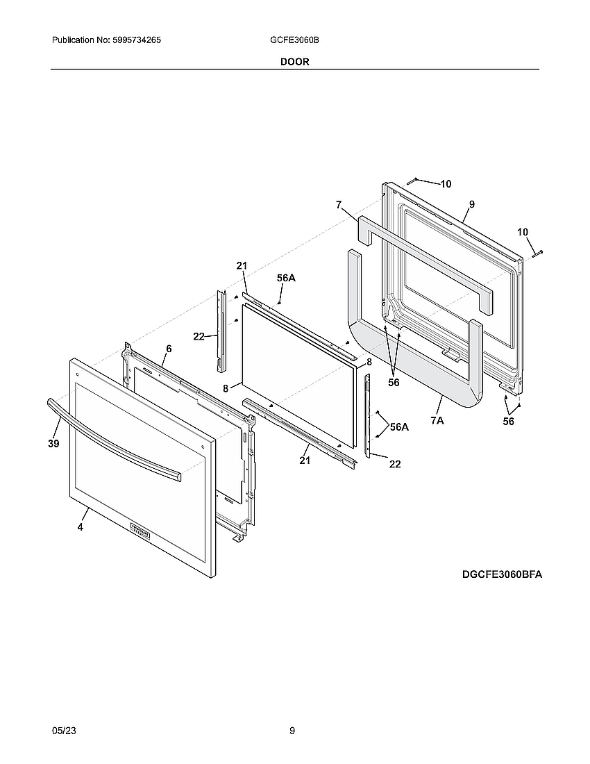 Door Diagram and Parts List for GCFE3060BDA  Electrolux Range