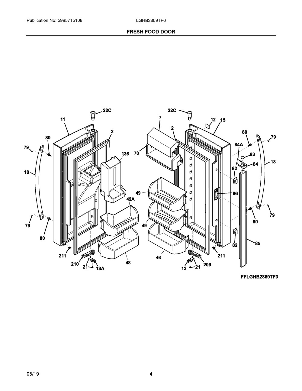 Fresh Food Door Diagram and Parts List for LGHB2869TF6  Frigidaire Refrigerator