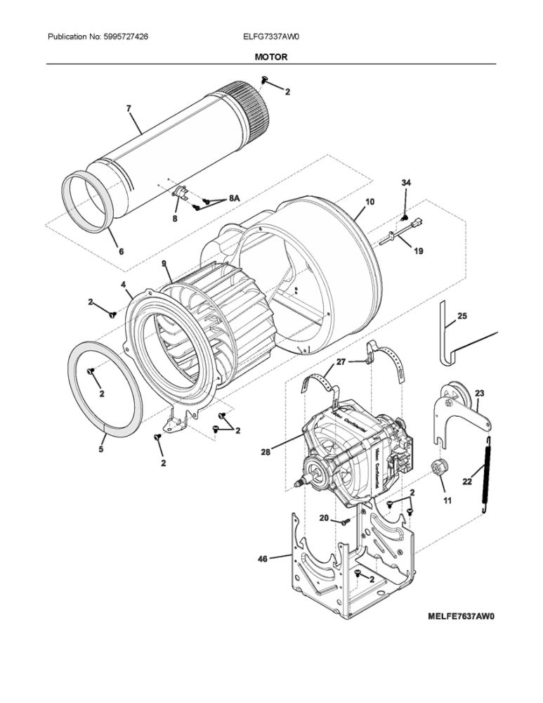 Motor Diagram and Parts List for ELFG7337AW0  Frigidaire Dryer