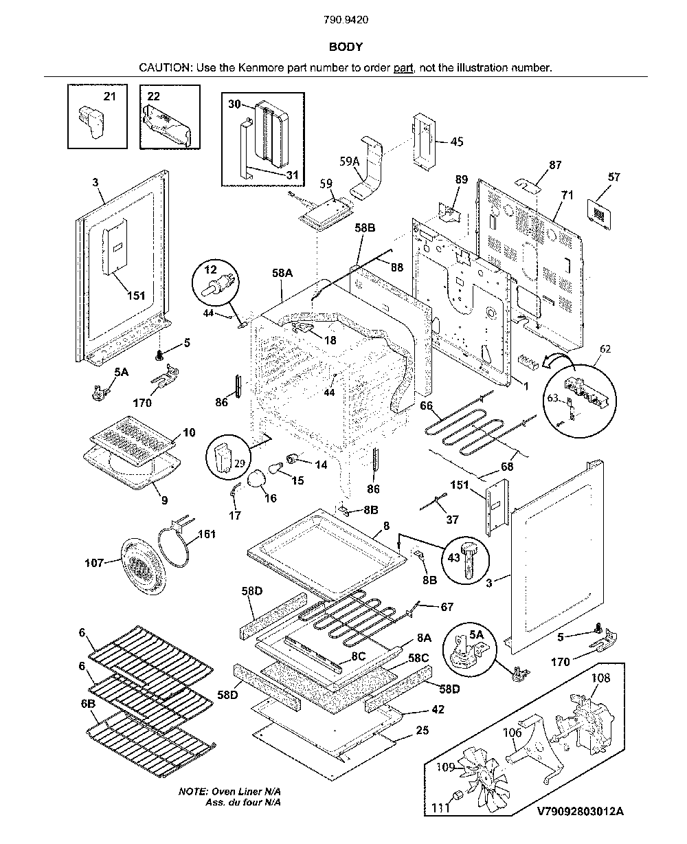 Body Diagram and Parts List for 79094202317  Kenmore Range
