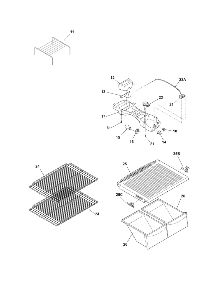 Shelves Diagram and Parts List for FFTR1513LWA  Frigidaire Refrigerator