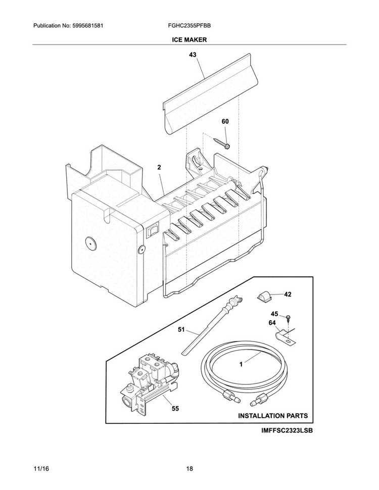 Ice Maker Diagram and Parts List for FGHC2355PFBB  Frigidaire Refrigerator