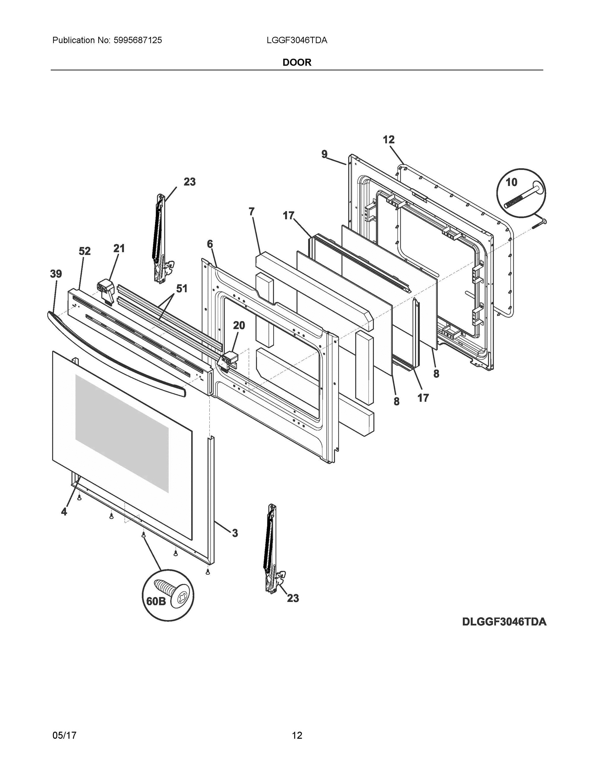 06 - DOOR Diagram and Parts List for LGGF3046TDA  Frigidaire Range