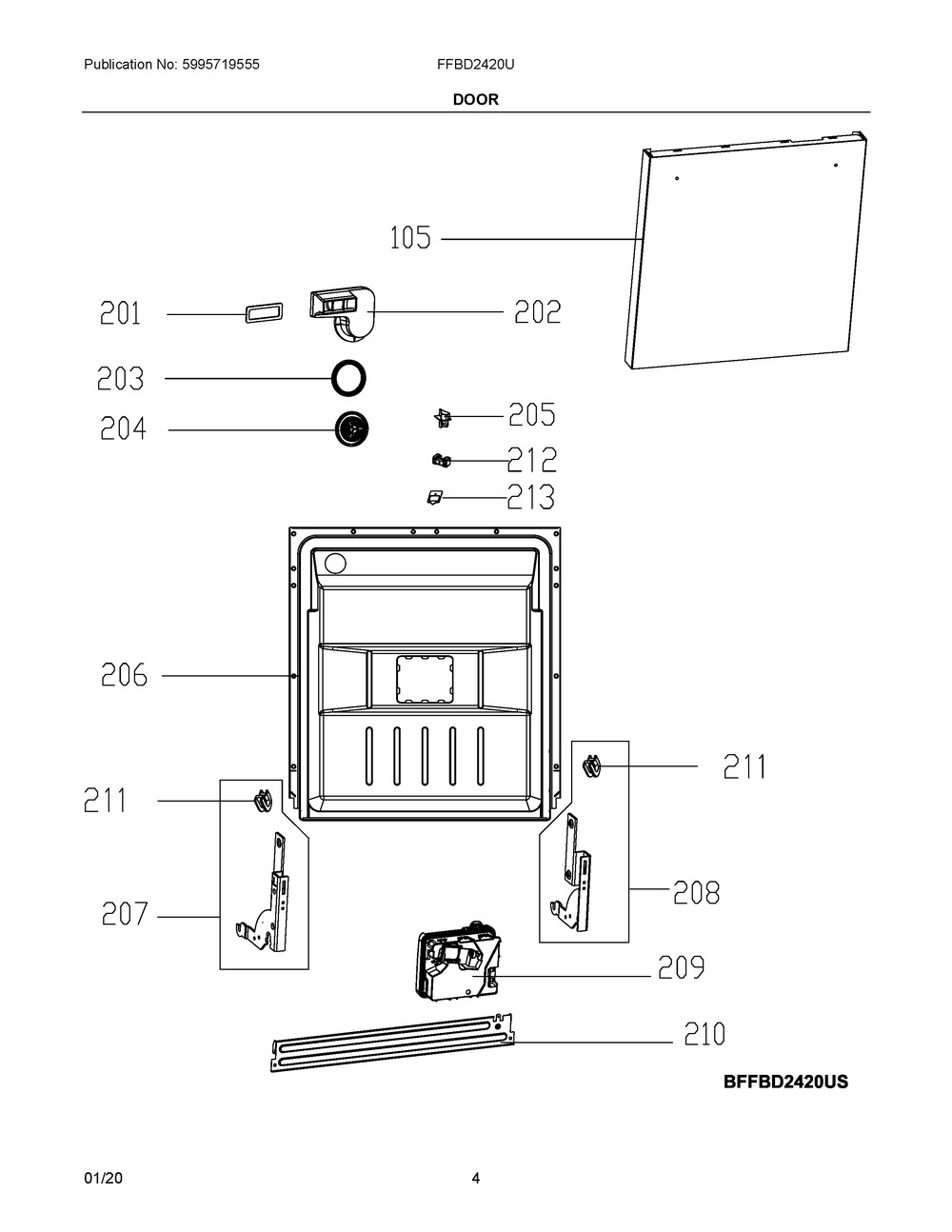 Door Diagram and Parts List for FFBD2420UB  Frigidaire Dishwasher