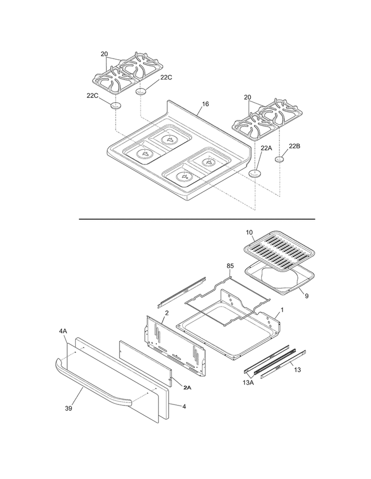 Top/drawer Diagram and Parts List for FFGF3017LSD  Frigidaire Range