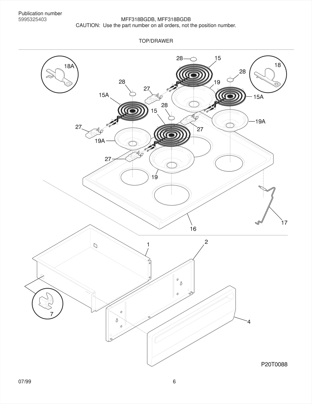 Top/Drawer Diagram and Parts List for MFF318BGWB  Frigidaire Range