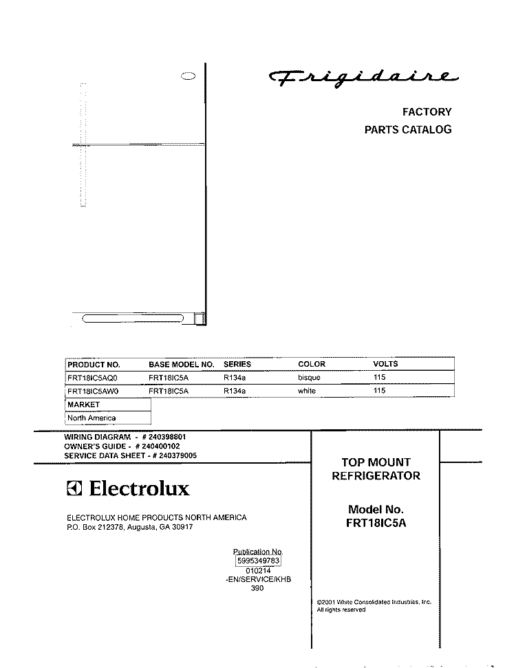COVER Diagram and Parts List for FRT18IC5AQ0  Frigidaire Refrigerator