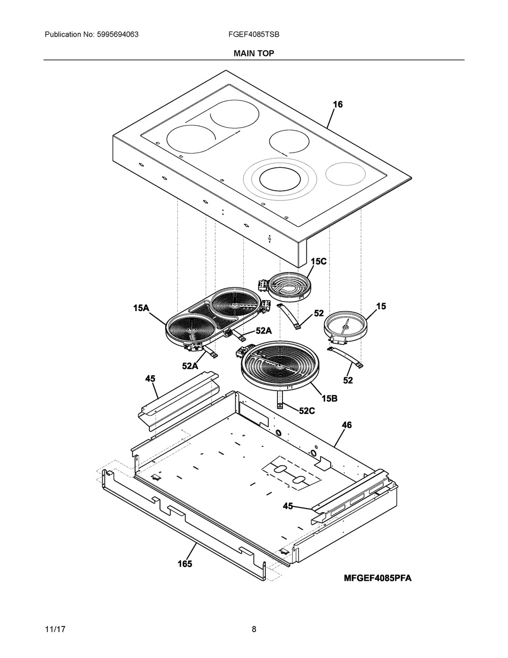 Main Top Diagram and Parts List for FGEF4085TSB  Frigidaire Range