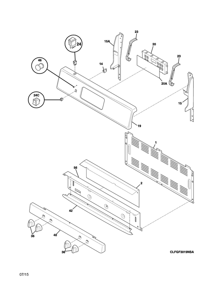 Backguard Diagram and Parts List for FFGF3024RWA  Frigidaire Range