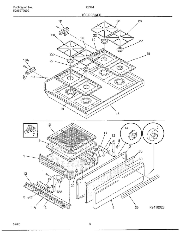 Top/drawer Diagram and Parts List for 283440C  Frigidaire Range