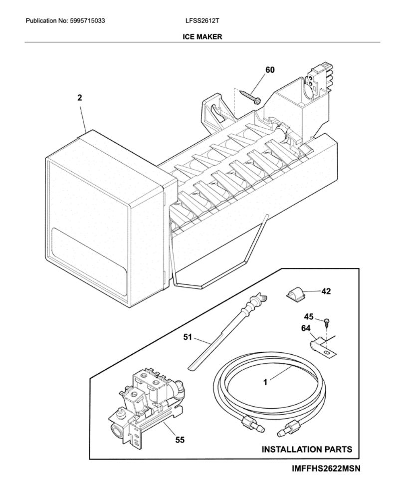 Ice Maker Diagram and Parts List for LFSS2612TE1  Frigidaire Refrigerator