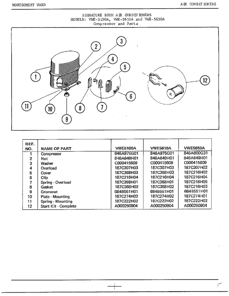 Compressor Diagram and Parts List for 5100A  Frigidaire Air Conditioner