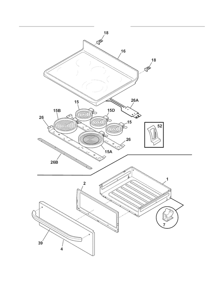 Top/drawer Diagram and Parts List for FFEF3050LSJ  Frigidaire Range