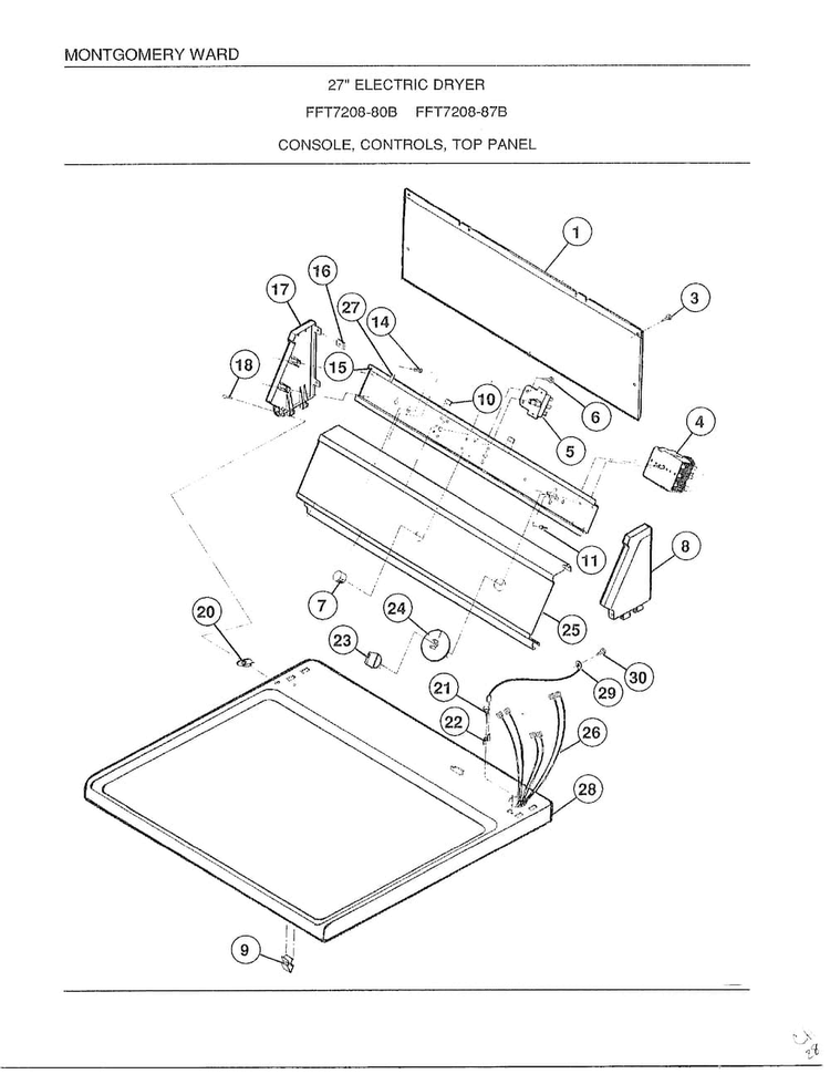 Electric Dryer/console/controls/top Panel Diagram and Parts List for 7208B  Frigidaire Dryer