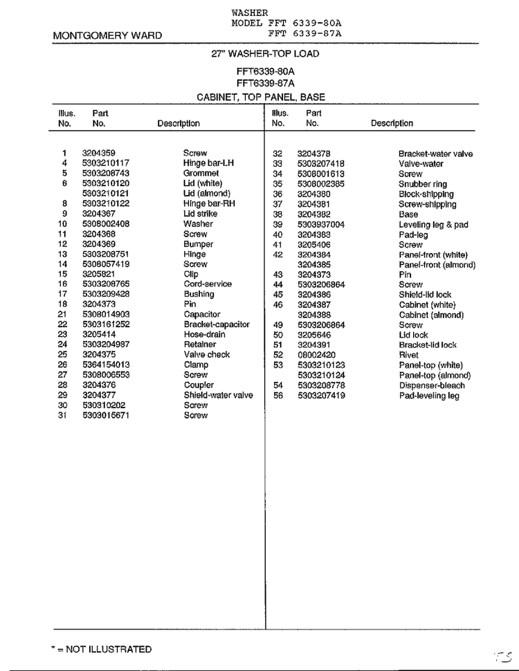Cabinet, Top Panel, Base Page 2 Diagram and Parts List for 6339A  Frigidaire Washer