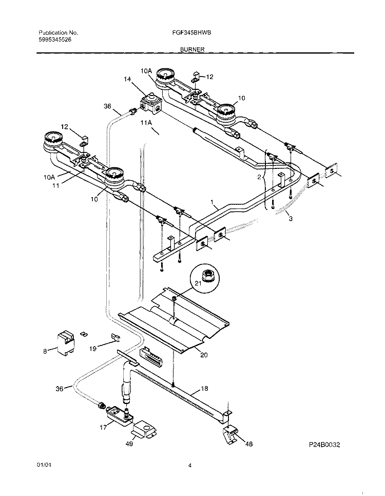 BURNER Diagram and Parts List for FGF345BHWB  Frigidaire Range