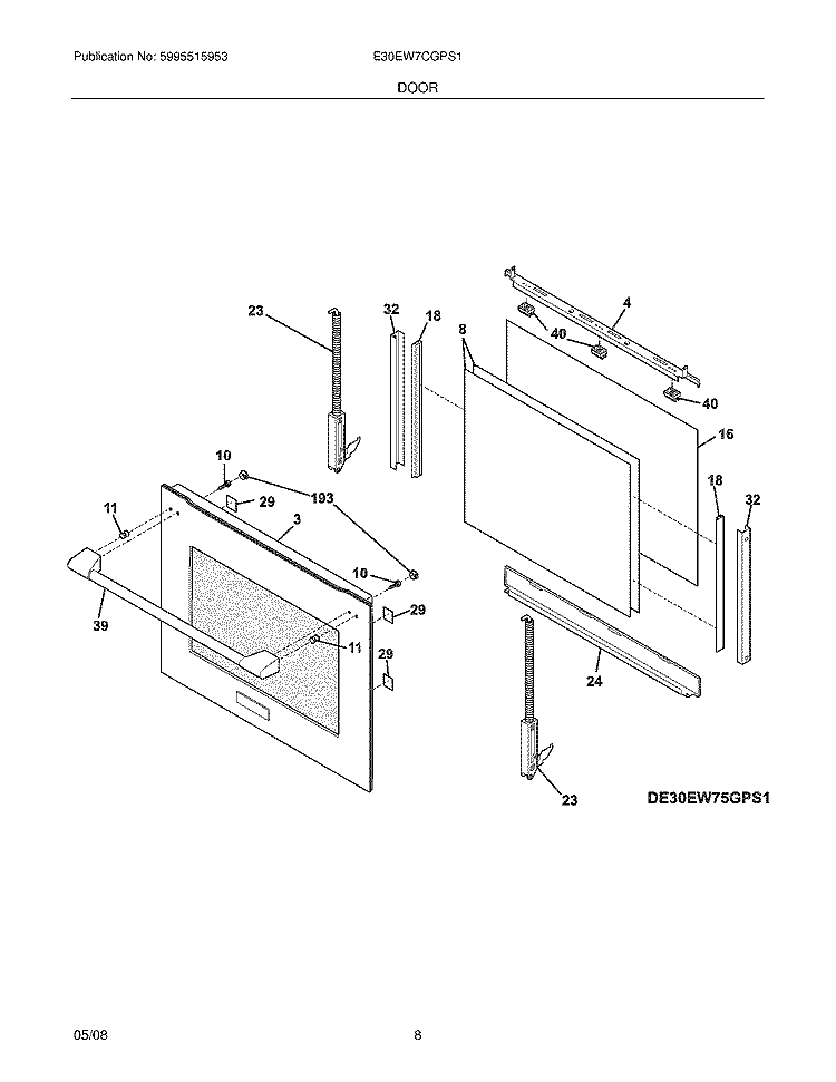 DOOR Diagram and Parts List for E30EW7CGPS1  Electrolux Wall Oven