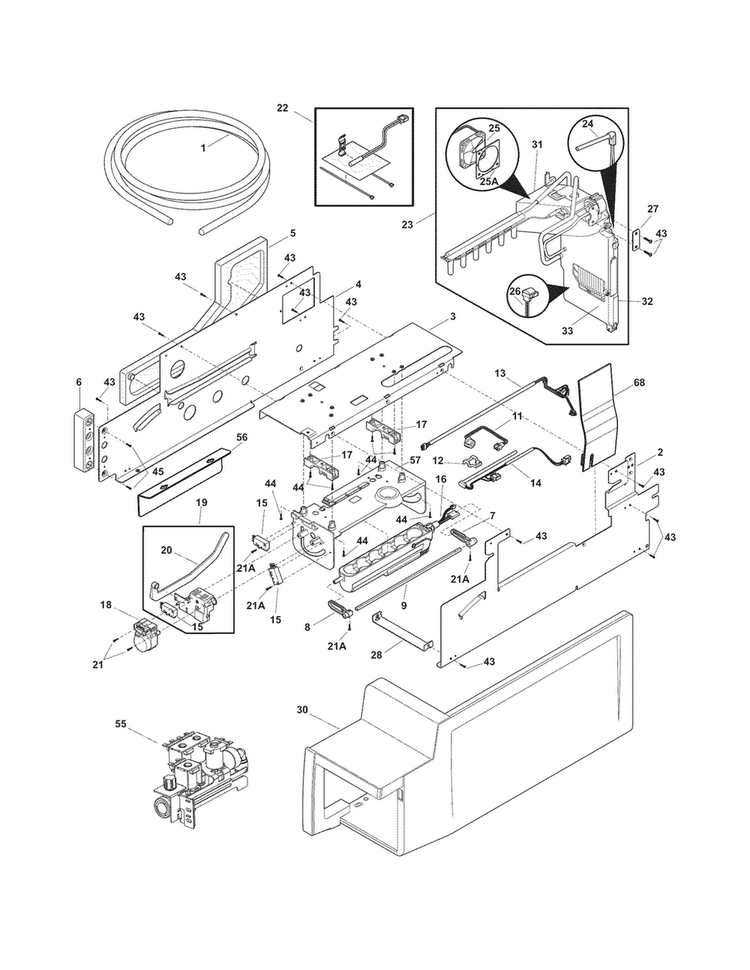 Ice Maker Diagram and Parts List for FGHB2846LF3  Frigidaire Refrigerator