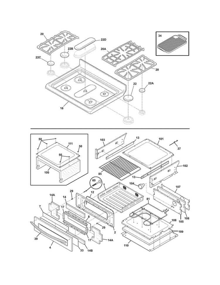 Top/drawer Diagram and Parts List for FGGF305MKFP  Frigidaire Range